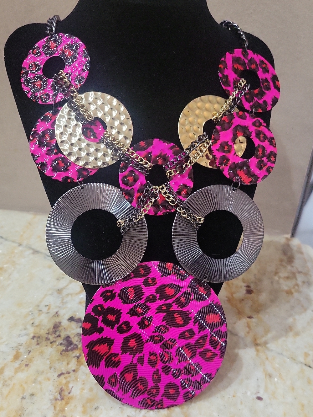 Vibrant Pink Leopard Multi-Disc Statement Necklace